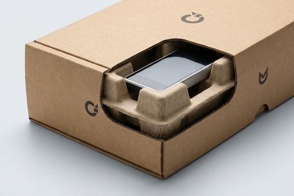 Custom Protective Phone Packaging A smartphone is securely nestled in a custom molded pulp insert within an open brown cardboard box, showcasing engineered protective packaging.