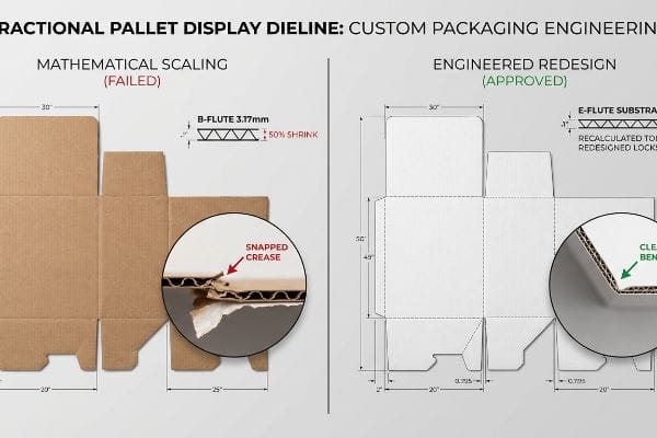Dieline Scaling Comparison Failed B-flute fractional pallet dieline with snapped crease vs. approved E-flute engineered redesign, clean bend.