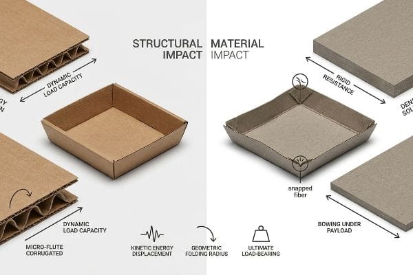 Corrugated vs Solid Board Micro-flute corrugated board and solid chipboard trays compare Structural Impact vs. Material Impact, detailing Dynamic Load Capacity, snapped fiber, and Bowing Under Payload.