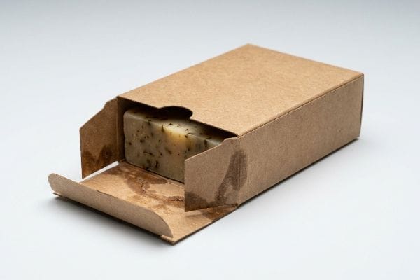 Brown kraft paperboard box with a natural, speckled soap bar partially pulled out, showing oil stains on the inner flaps.