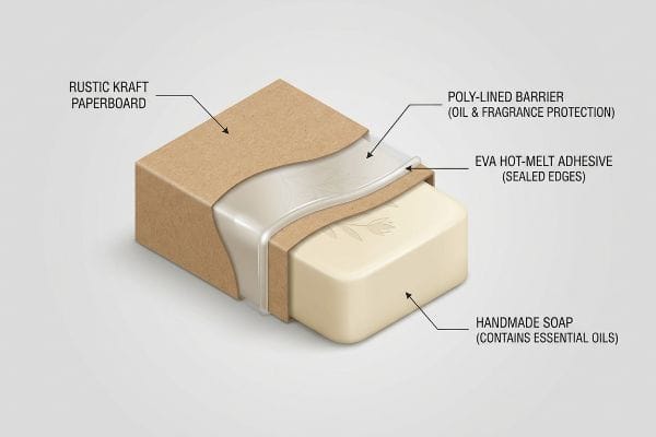 Rustic Kraft paperboard packaging with a poly-lined barrier for oil and fragrance protection, sealed with EVA hot-melt adhesive, encasing handmade soap containing essential oils.