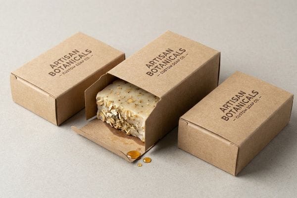 Artisan Soap Packaging Kraft paperboard box for Artisan Botanicals Custom Soap Co. reveals an oat and honey artisan soap bar, with golden oil drops on the packaging.
