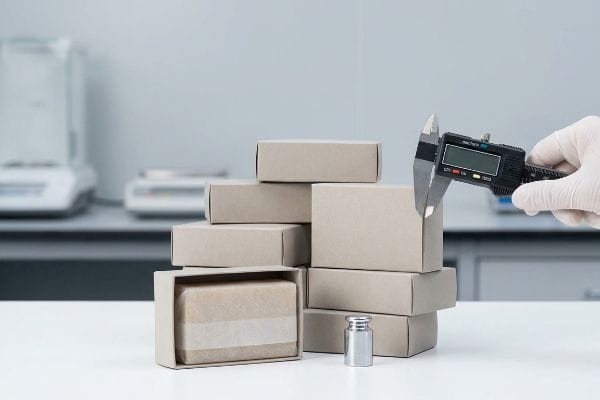 Soap Packaging Quality Control A gloved hand measures plain brown soap packaging boxes with a digital caliper, revealing a wrapped soap bar and a metal weight on a lab table.