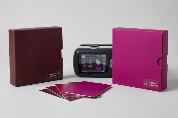 Lamination Color Shift Measurement Dark maroon Unadjusted Soft-Touch sleeve and vibrant magenta Adjusted For Lamination sleeve with a spectrophotometer, showing Delta-E color shift.