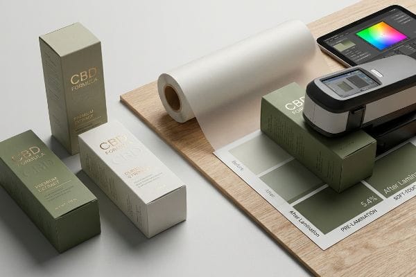 CBD Formula packaging, spectrophotometer, and color swatches detailing 5.4% soft-touch lamination shift.