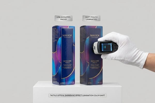 Ein Kolorimeter misst die Farbe einer Soft-Touch-laminierten Mayiof-Hautpflegeverpackung und stellt sie einem unlaminierten Probeexemplar gegenüber, um die Farbverschiebung durch die Laminierung hervorzuheben.