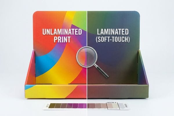 Lamination Color Shift A display stand contrasts Unlaminated Print's vibrant colors with Laminated (Soft-Touch) darker hues, magnified to show the color shift, alongside a Delta-E swatch.