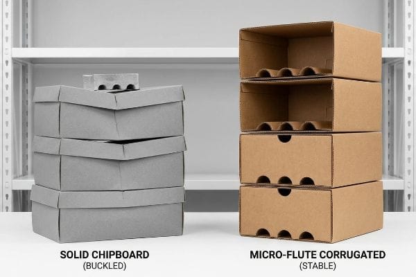 Chipboard vs Corrugated Stability Buckled Solid Chipboard boxes on the left contrast with stable Micro-Flute Corrugated boxes on the right, showcasing material strength.