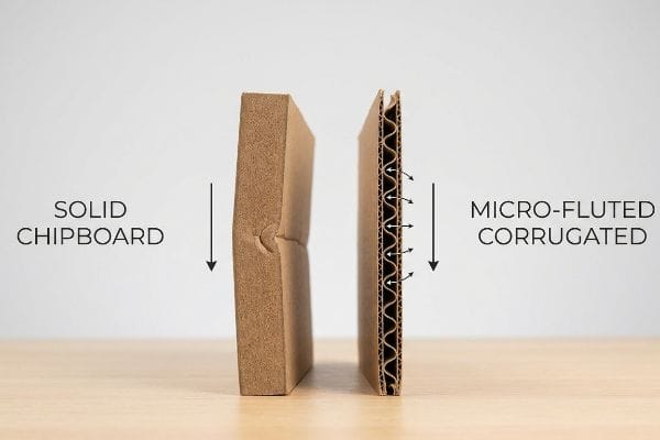 Solid Chipboard buckling under compression contrasted with stable Micro-Fluted Corrugated board's engineered wave arches.