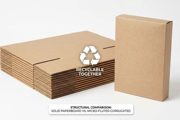 Paperboard Corrugated Comparison Brown micro-fluted corrugated sheets stacked next to a solid paperboard box, with a "Recyclable Together" symbol and "Structural Comparison: Solid Paperboard Vs. Micro-Fluted Corrugated" text.