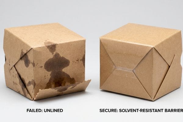 Dos cajas de cartón Kraft, una de ellas fallida: sin revestimiento y con manchas de disolvente, y la otra segura: con barrera resistente a los disolventes, lo que demuestra el rendimiento del material.