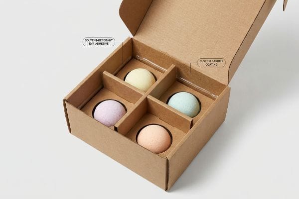 Solvent-Resistant Bath Bomb Box Brown Kraft bath bomb set with modular dividers, featuring Solvent-Resistant EVA Adhesive and Custom Barrier Coating.