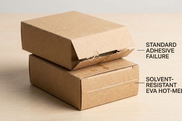 Brown cardboard boxes comparing Standard Adhesive Failure with visible solvent migration and an intact box secured by Solvent-Resistant EVA Hot-Melt.