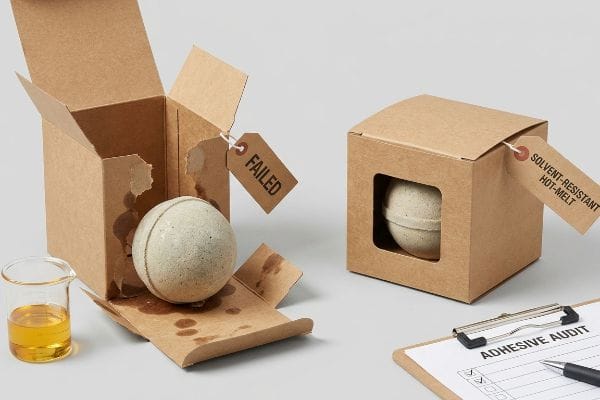 Bath Bomb Adhesive Audit Kraft boxes: 'Failed' bath bomb, dissolved adhesive, 'Solvent-Resistant Hot-Melt' box, 'Adhesive Audit'.