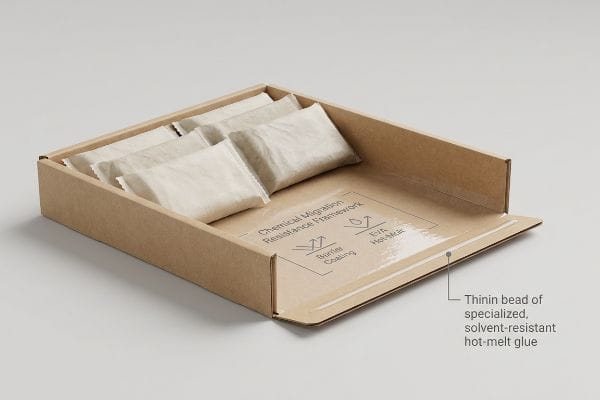 Brown corrugated tray with thin bead of solvent-resistant hot-melt glue, detailing Chemical Migration Resistance Framework, Barrier Coating, and EVA Hot-Melt.