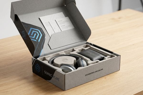 An open gray customized packaging box reveals Sonic Pure headphones, a blue geometric logo, custom-molded insert, and "Engineered Enclosure" text.
