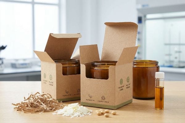 Soy Candle Eco Packaging Brown kraft boxes with soy-based candles in amber jars, featuring soy wax flakes, soybeans, and oil, highlighting recycled material.