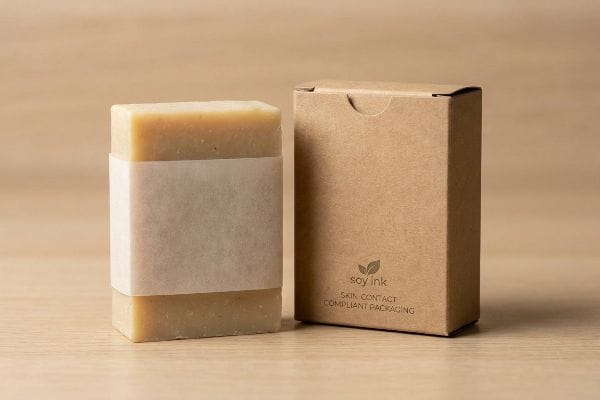 Light yellow bar of homemade soap with translucent paper band next to a kraft box featuring 'soy ink skin contact compliant packaging'.