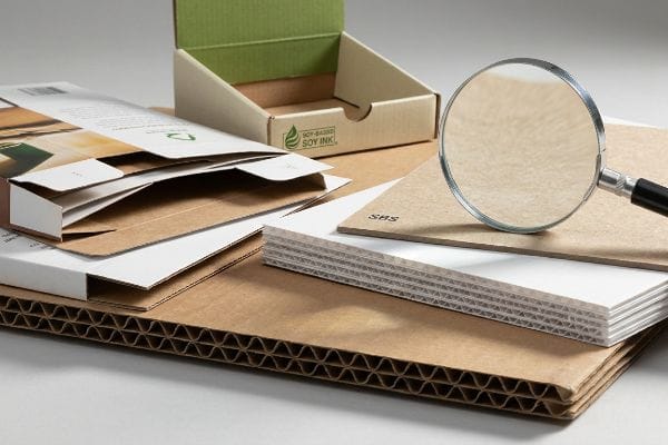 Packaging Materials Inspection A magnifying glass examines sustainable packaging materials: fluted corrugated cardboard, Solid Bleached Sulfate (SBS) paperboard, and a display box with Soy-Based Soy Ink.