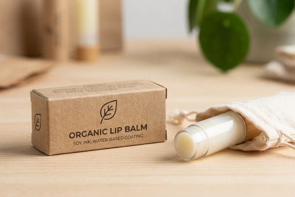 Organic Lip Balm Packaging Brown kraft paper box for Organic Lip Balm, printed with Soy Ink, Water-Based Coating, beside a lip balm tube in a fabric pouch.