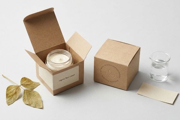 Organic Cream Packaging Open kraft box with 'organic face cream' jar, closed box with 'Soy Based Ink & Water-Based Varnish Non-Toxic Packaging' logo, beaker, and leaves.