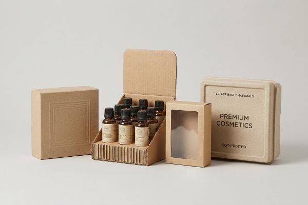 Emballages cosmétiques écologiques Présentation d'emballages cosmétiques écologiques : un présentoir en carton ondulé avec des flacons d'huiles essentielles ambrées, une boîte de cosmétiques haut de gamme imprimée au soja et une boîte en carton gaufré.