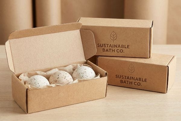 Sustainable Bath Bomb Packaging Three speckled bath bombs in an open 'Sustainable Bath Co.' kraft paper box, with two closed branded eco-friendly boxes.