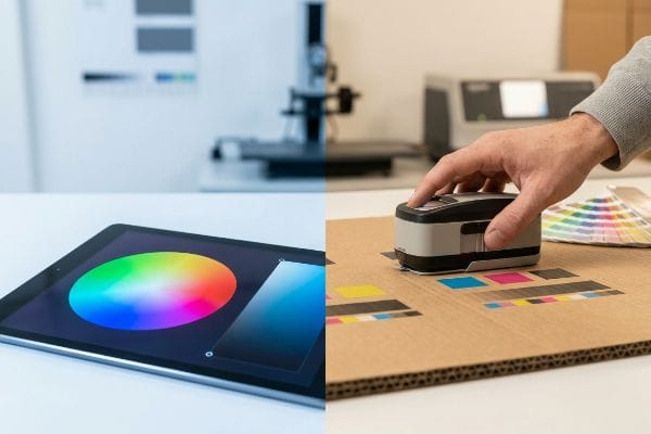 CMYK-Farbkalibrierung Wellpappe mit CMYK-Farbfeldern wird mit einem Spektralphotometer vermessen und mit dem digitalen RGB-Farbrad eines Tablets verglichen.