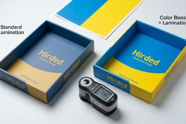 Spectrophotometer measures Hirded Custom Print boxes: Standard Lamination vs. Color Boost + Lamination, Soft-Touch Finish.