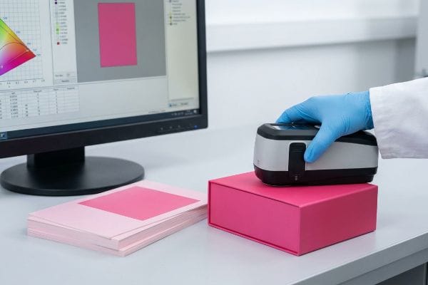 Color Measurement Spectrophotometer A gloved hand uses a spectrophotometer to measure the color of a magenta box, with pink paper samples and a color calibration screen, ensuring prepress color accuracy.