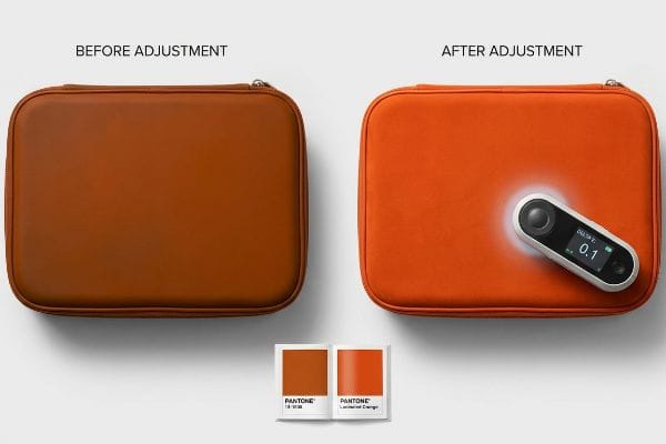 Color Shift Adjustment Spectrophotometer A soft-touch cosmetic case shows a color shift from brown Before Adjustment to vibrant Luminous Orange After Adjustment, measured by a spectrophotometer displaying Delta E 0.1.