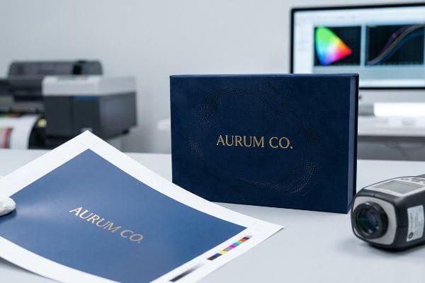 Aurum Co. Color Proofing A dark blue Aurum Co. packaging box and a printed proof sheet with gold foil text, positioned near a spectrophotometer for accurate color calibration during prepress.