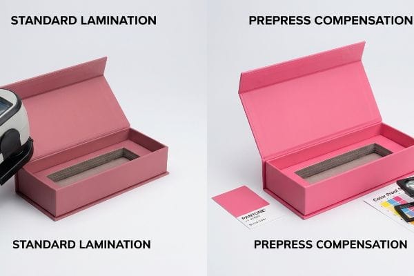 Muted Standard Lamination box with spectrophotometer vs. vibrant Prepress Compensation box, Pantone Viva Magenta.