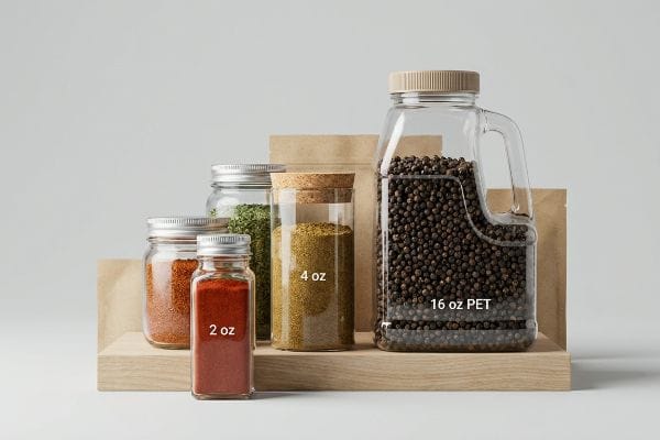 Spice Packaging Size Options A collection of spice packaging, featuring 2 oz glass jars, a 4 oz cork-lidded jar, and a 16 oz PET jug of peppercorns on a wooden display.