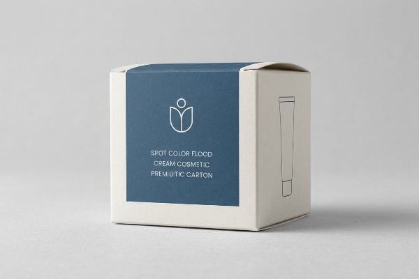 Cremefarbener Karton mit dunkelblauem Spot Color Flood-Etikett, das ein Tulpenlogo und den Text „Cream Cosmetic Premium Carton“ trägt.