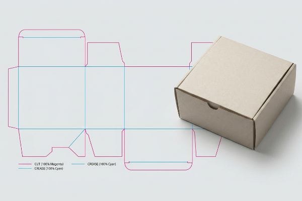 Box dieline showing Cut (100% Magenta) and Crease (100% Cyan) lines, beside an assembled kraft cardboard box.