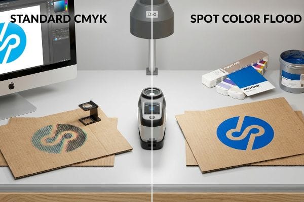 Spot Color Flood Comparison Corrugated board displays Standard CMYK halftone dots versus a dense, vibrant Pantone Spot Color Flood, measured by a spectrophotometer under D50 lighting.