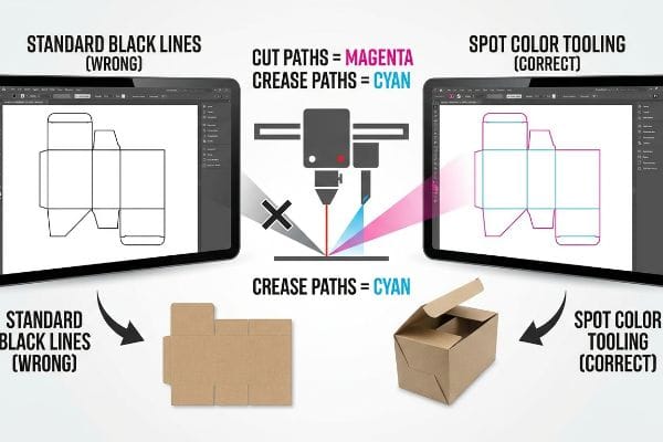 Spot Color Tooling Guide Cardboard box dieline comparison: Standard Black Lines (Wrong) versus Spot Color Tooling (Correct) with Magenta cut and Cyan crease paths for automated CNC, showing flat cardboard versus a folded box.