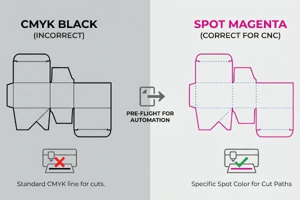 Spot Color Cut Paths A graphic comparing incorrect Cmyk Black box dieline for cuts with correct Spot Magenta dieline for Cnc automation, highlighting pre-flighting.