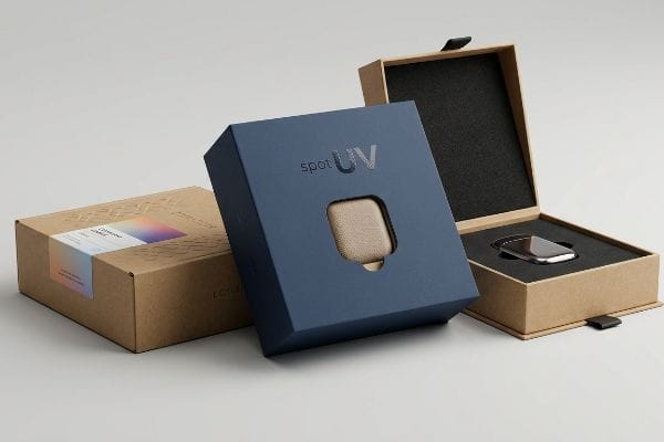 Three custom packaging boxes, including a dark blue Spot UV box with a cutout and an open corrugated box displaying a silver device.