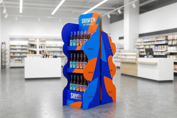 スリッチ飲料ディスプレイ 小売店の通路には、青とオレンジの型抜き加工が施された、波状の棚にボトルが並べられたSriwch Beverageの店頭ディスプレイが設置されている。.