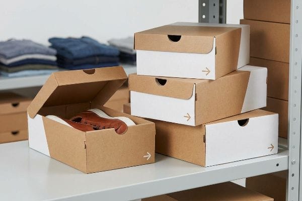 Stackable two-toned cardboard shoe boxes, one open with brown leather shoes, on a shelf for footwear organization.