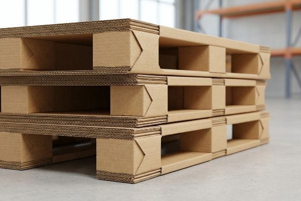 Paletes estruturais de papelão ondulado marrom de múltiplas camadas, empilhadas em um armazém, destacam a logística ecologicamente correta.