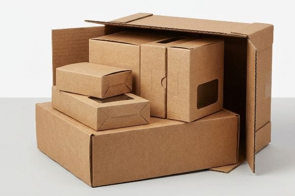 Stacked brown kraft packaging boxes, some with clear display windows, for wholesale products.