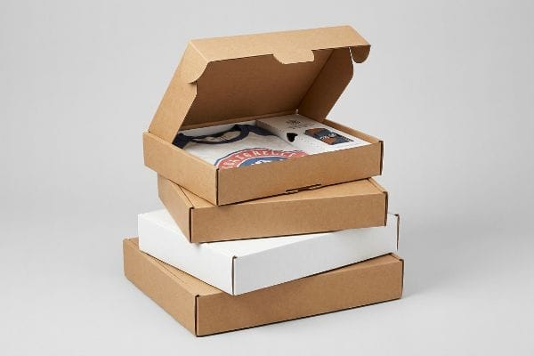 Mailer Box Product Packaging A stack of four corrugated mailer boxes, with the top kraft box open to reveal a folded t-shirt, showcasing premium unboxing.