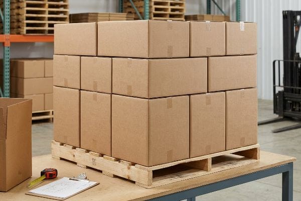 Brown corrugated shipping boxes stacked on a wooden pallet in a warehouse, with a measuring tape and clipboard nearby.