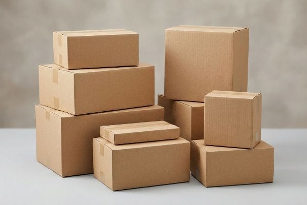 Plain Cardboard Shipping Boxes A diverse collection of unprinted brown corrugated cardboard boxes, stacked neatly on a light surface, ready for shipping or storage.