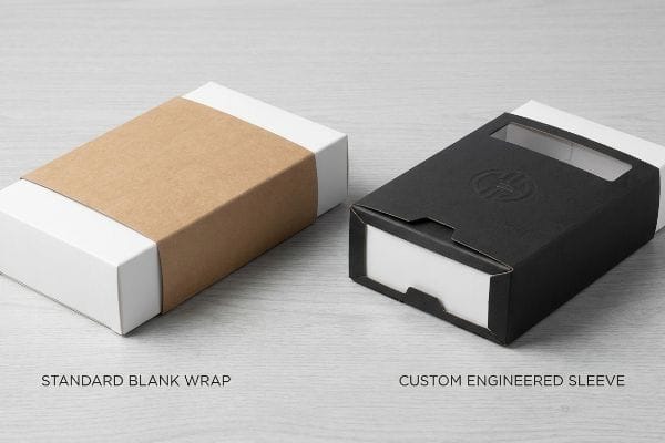 Custom Sleeve Box Comparison Standard Blank Wrap kraft paper sleeve on a white box, beside a black Custom Engineered Sleeve with embossed logo and window.