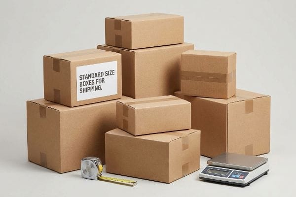 Shipping Box Essentials Various standard size shipping boxes, a measuring tape, and a digital scale are displayed, with one box labeled 'Standard Size Boxes For Shipping'.