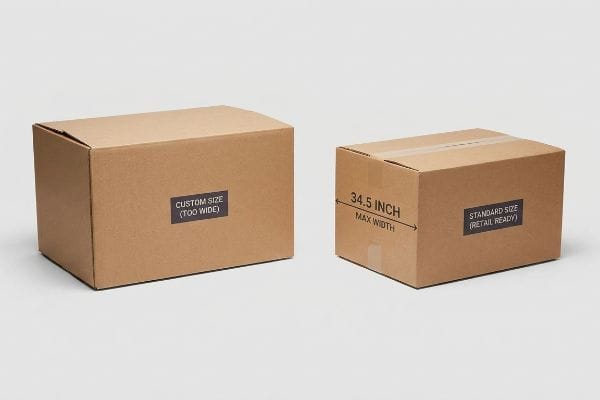 Retail Box Size Comparison Brown corrugated boxes: 'Custom Size (Too Wide)' and 'Standard Size (Retail Ready)' showing '34.5 Inch Max Width' for retail.